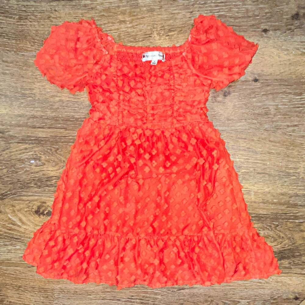 Poppies and Roses Girls Dress Size 8 Orange Floral Smocked Puff Sleeve Square
